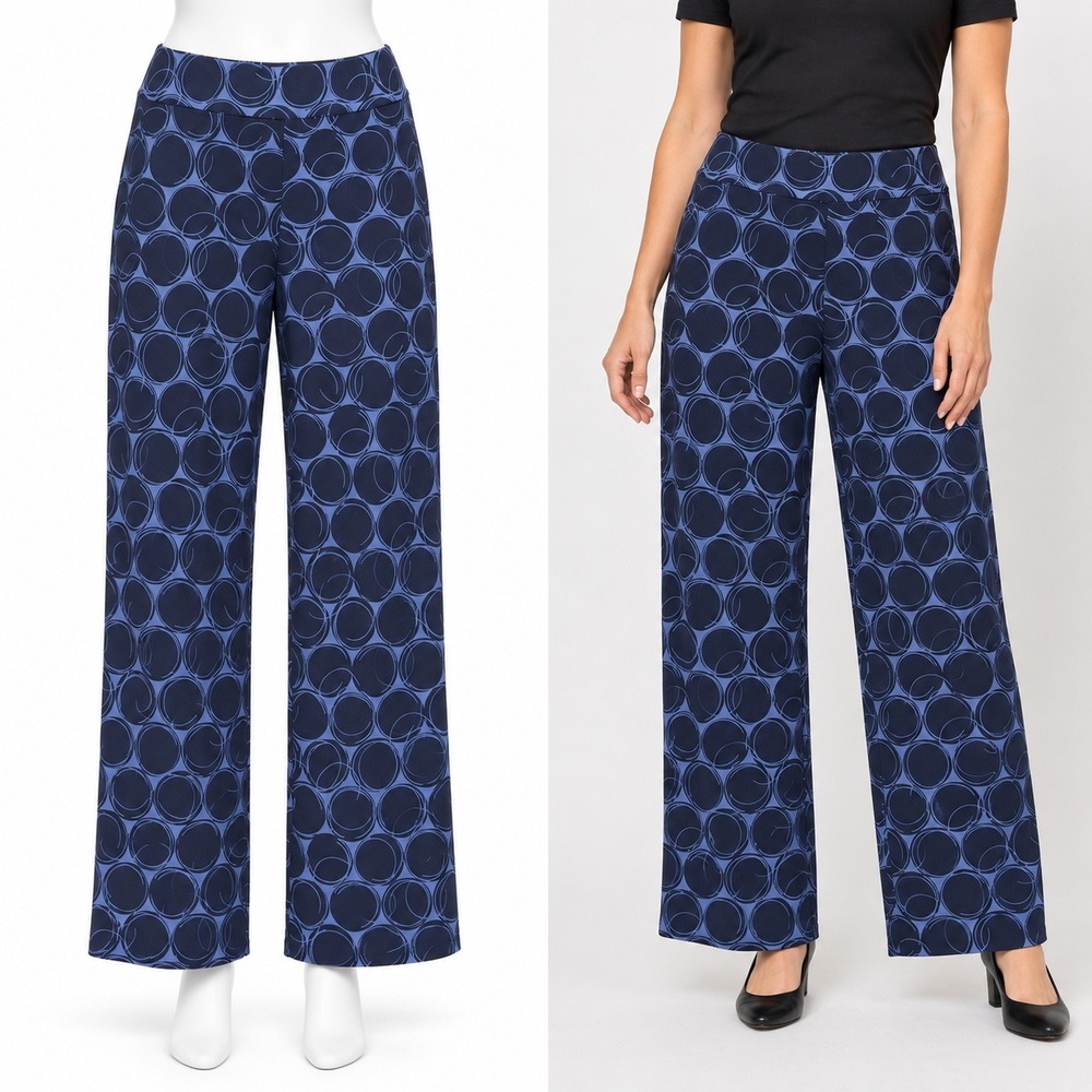 Susan Graver Wide Leg Pants Women Small Petite Blue Geometric Liquid Knit Mod